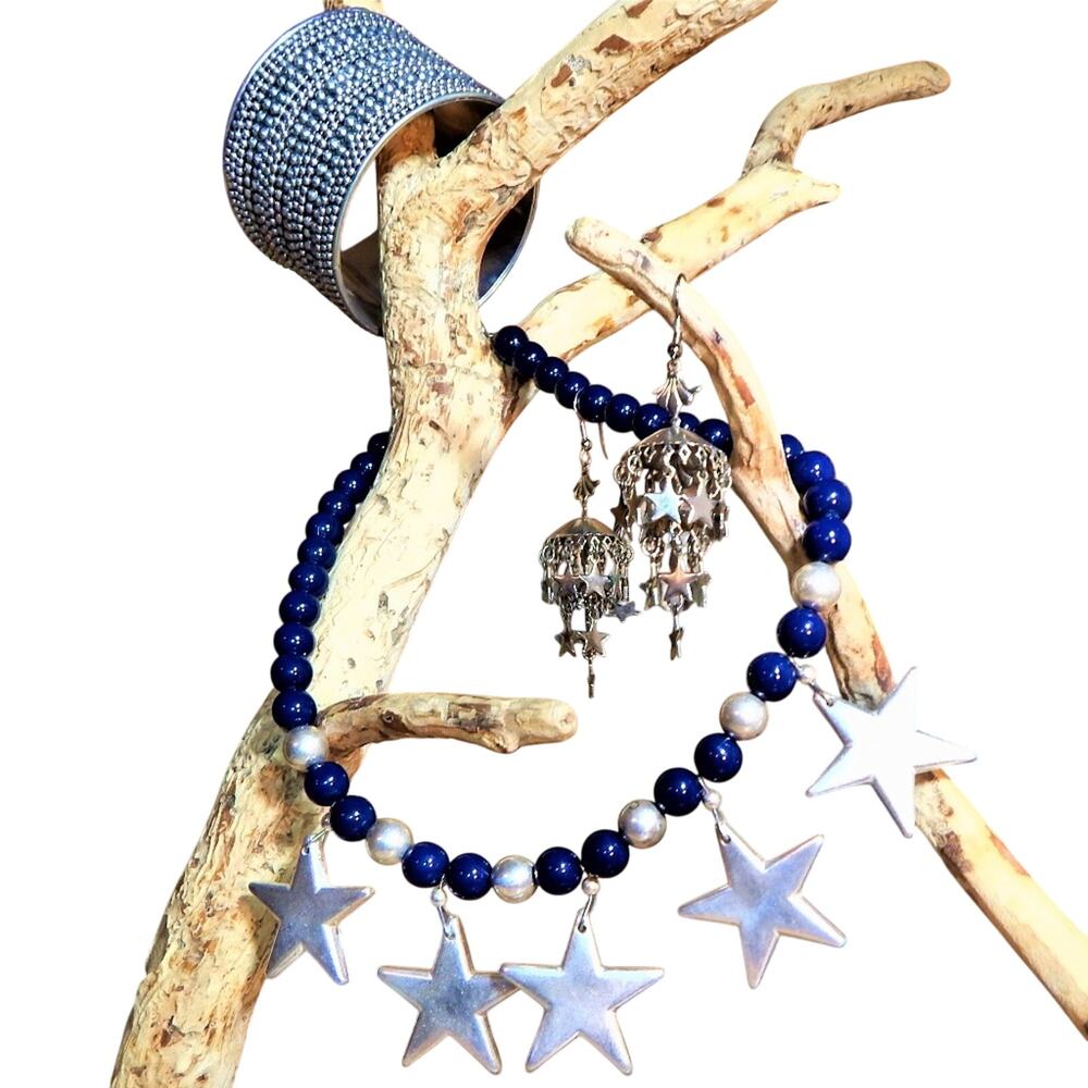 Vintage Big Bold & Beautiful, Proud Patriot Stars Necklace Earrings Bangle Set